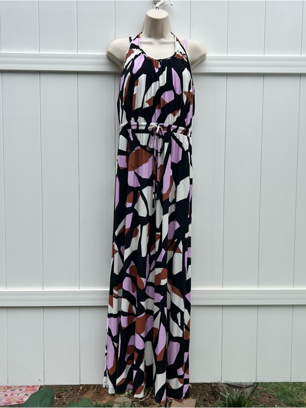 Soma Wknd Goddess Halter Maxi Dress Black, Lavender & Brown Abstract Print Sz M